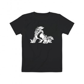 Детская футболка хлопок с принтом Monster Hunter: World в Тюмени, 100% хлопок | круглый вырез горловины, полуприлегающий силуэт, длина до линии бедер | Тематика изображения на принте: dragon | game | hunter | logo | monster | world | дракон | драконы | игра | монстр | монстры | охотник