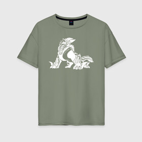 Женская футболка хлопок Oversize с принтом Monster Hunter: World в Тюмени, 100% хлопок | свободный крой, круглый ворот, спущенный рукав, длина до линии бедер
 | Тематика изображения на принте: dragon | game | hunter | logo | monster | world | дракон | драконы | игра | монстр | монстры | охотник