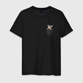 Мужская футболка хлопок с принтом Енот в кармане в Тюмени, 100% хлопок | прямой крой, круглый вырез горловины, длина до линии бедер, слегка спущенное плечо. | raccoon | енот | карман