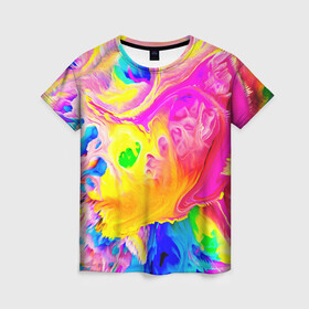 Женская футболка 3D с принтом КРАСКИ в Тюмени, 100% полиэфир ( синтетическое хлопкоподобное полотно) | прямой крой, круглый вырез горловины, длина до линии бедер | abstract | abstraction | color | geometry | paitnt | psy | абстракция | геометрия | краски | неоновые | психоделика