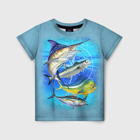 Детская футболка 3D с принтом Marlin and other fish в Тюмени, 100% гипоаллергенный полиэфир | прямой крой, круглый вырез горловины, длина до линии бедер, чуть спущенное плечо, ткань немного тянется | Тематика изображения на принте: рыба | рыбак | рыбалка | снасти | увлечение | улов | хобби