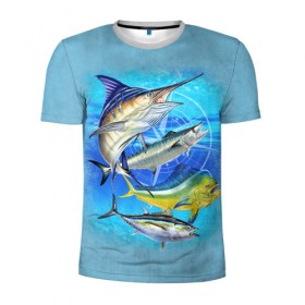 Мужская футболка 3D спортивная с принтом Marlin and other fish в Тюмени, 100% полиэстер с улучшенными характеристиками | приталенный силуэт, круглая горловина, широкие плечи, сужается к линии бедра | Тематика изображения на принте: рыба | рыбак | рыбалка | снасти | увлечение | улов | хобби
