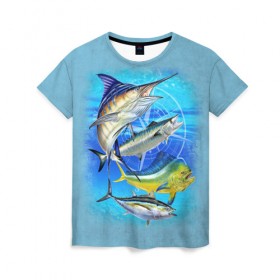 Женская футболка 3D с принтом Marlin and other fish в Тюмени, 100% полиэфир ( синтетическое хлопкоподобное полотно) | прямой крой, круглый вырез горловины, длина до линии бедер | рыба | рыбак | рыбалка | снасти | увлечение | улов | хобби