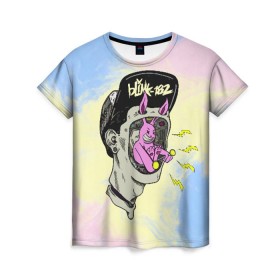 Женская футболка 3D с принтом Punk-rock band Blink 182 в Тюмени, 100% полиэфир ( синтетическое хлопкоподобное полотно) | прямой крой, круглый вырез горловины, длина до линии бедер | blink | mark hoppus | matthew skiba | rock | rock group | travis barker | марк хоппус | мэттью скиба | панк рок. рок | рок группа | трэвис баркер