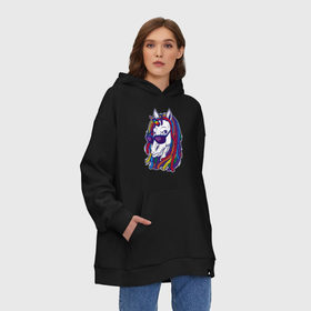 Худи SuperOversize хлопок с принтом RastaUnicorn в Тюмени, 70% хлопок, 30% полиэстер, мягкий начес внутри | карман-кенгуру, эластичная резинка на манжетах и по нижней кромке, двухслойный капюшон
 | color | dreads | glases | unicorn | дреды | единорог | конь | лошадь | очки | рог | уши | цветной