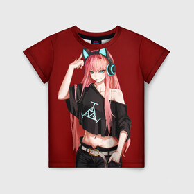 Детская футболка 3D с принтом ZeroTwo (Darling in the Franx) в Тюмени, 100% гипоаллергенный полиэфир | прямой крой, круглый вырез горловины, длина до линии бедер, чуть спущенное плечо, ткань немного тянется | 002 | 02 | darling in the franxx | zero two | любимый во франксе | милый во франксе | ноль два