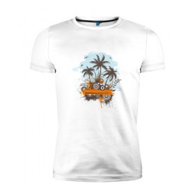 Мужская футболка премиум с принтом Музыкальный Остров в Тюмени, 92% хлопок, 8% лайкра | приталенный силуэт, круглый вырез ворота, длина до линии бедра, короткий рукав | музыка | музыкальный остров | остров | пальмы | пляж | тропики