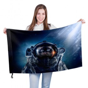 Флаг 3D с принтом Кот космонавт в Тюмени, 100% полиэстер | плотность ткани — 95 г/м2, размер — 67 х 109 см. Принт наносится с одной стороны | nasa | вселенная | звезды | космонавт | космос | кот | котик | котяра | котята | кошка