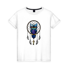 Женская футболка хлопок с принтом Совушка Ловец Снов в Тюмени, 100% хлопок | прямой крой, круглый вырез горловины, длина до линии бедер, слегка спущенное плечо | ключ | ловец снов | перья | рисунок | сова | сон