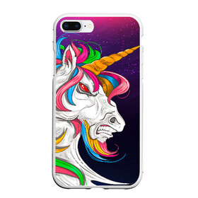 Чехол для iPhone 7Plus/8 Plus матовый с принтом Angry Unicorn в Тюмени, Силикон | Область печати: задняя сторона чехла, без боковых панелей | Тематика изображения на принте: cosmos | hair | rainbow | stars | unicorn | волосы | глаза | единорог | злой | зубы | космос | лошадь | радуга