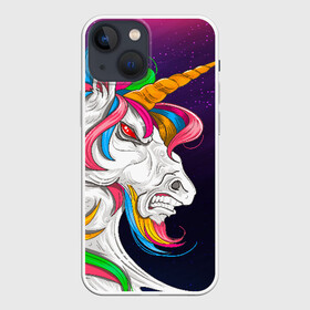 Чехол для iPhone 13 mini с принтом Angry Unicorn в Тюмени,  |  | cosmos | hair | rainbow | stars | unicorn | волосы | глаза | единорог | злой | зубы | космос | лошадь | радуга