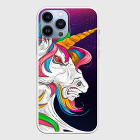 Чехол для iPhone 13 Pro Max с принтом Angry Unicorn в Тюмени,  |  | Тематика изображения на принте: cosmos | hair | rainbow | stars | unicorn | волосы | глаза | единорог | злой | зубы | космос | лошадь | радуга