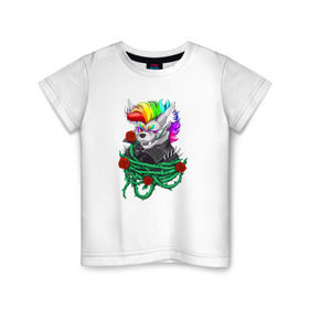Детская футболка хлопок с принтом Красочный Волчонок в Тюмени, 100% хлопок | круглый вырез горловины, полуприлегающий силуэт, длина до линии бедер | Тематика изображения на принте: волк | краски | красочный волчонок | радуга | рисунок | розы | тернии | цветы