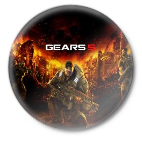 Значок с принтом GEARS 5 в Тюмени,  металл | круглая форма, металлическая застежка в виде булавки | alien | combat | fight | game | gears 5 | gears of war | gun | human | man | monsters | powerful | saw | strong | war | weapon | игры