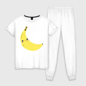 Женская пижама хлопок с принтом Веселенький бананчик в Тюмени, 100% хлопок | брюки и футболка прямого кроя, без карманов, на брюках мягкая резинка на поясе и по низу штанин | Тематика изображения на принте: банан | веселье | карикатура | фрукты
