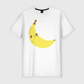 Мужская футболка премиум с принтом Веселенький бананчик в Тюмени, 92% хлопок, 8% лайкра | приталенный силуэт, круглый вырез ворота, длина до линии бедра, короткий рукав | Тематика изображения на принте: банан | веселье | карикатура | фрукты