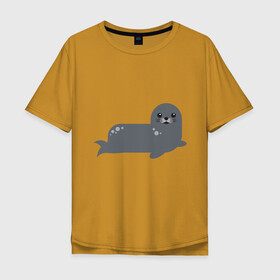 Мужская футболка хлопок Oversize с принтом Миленький тюлень в Тюмени, 100% хлопок | свободный крой, круглый ворот, “спинка” длиннее передней части | Тематика изображения на принте: животные | карикатура | милота | тюлень | тюленьчик