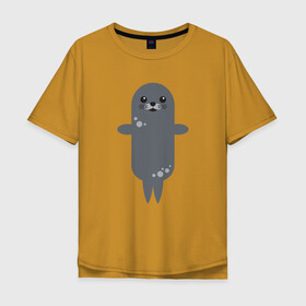 Мужская футболка хлопок Oversize с принтом Миленький тюлень в Тюмени, 100% хлопок | свободный крой, круглый ворот, “спинка” длиннее передней части | Тематика изображения на принте: животные | карикатура | милота | тюлень | тюленьчик