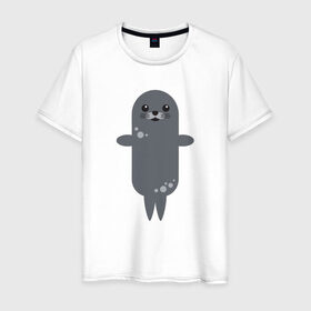 Мужская футболка хлопок с принтом Миленький тюлень в Тюмени, 100% хлопок | прямой крой, круглый вырез горловины, длина до линии бедер, слегка спущенное плечо. | животные | карикатура | милота | тюлень | тюленьчик