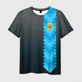 Мужская футболка 3D с принтом Аргентина форма  в Тюмени, 100% полиэфир | прямой крой, круглый вырез горловины, длина до линии бедер | аргентина | атрибутика | бег | победа | поле | сборная | соты | спорт | узор | футбол