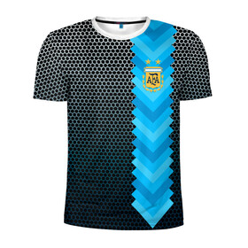 Мужская футболка 3D спортивная с принтом Аргентина форма  в Тюмени, 100% полиэстер с улучшенными характеристиками | приталенный силуэт, круглая горловина, широкие плечи, сужается к линии бедра | аргентина | атрибутика | бег | победа | поле | сборная | соты | спорт | узор | футбол
