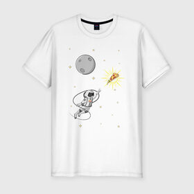 Мужская футболка премиум с принтом Пиццанавт в Тюмени, 92% хлопок, 8% лайкра | приталенный силуэт, круглый вырез ворота, длина до линии бедра, короткий рукав | астронавт | графика | еда | звезды | космонавт | космос | луна | пицца | рисунок