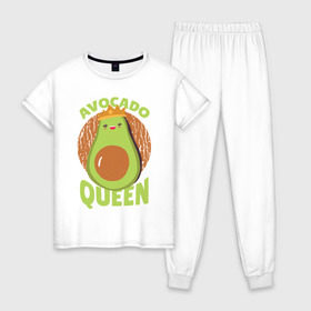 Женская пижама хлопок с принтом Авокадо Королева в Тюмени, 100% хлопок | брюки и футболка прямого кроя, без карманов, на брюках мягкая резинка на поясе и по низу штанин | avocado | queen | авокадо | королева | королевы | надписи | надпись