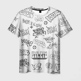 Мужская футболка 3D с принтом Billie Eilish Graffiti Gray в Тюмени, 100% полиэфир | прямой крой, круглый вырез горловины, длина до линии бедер | billie | eilish | graffiti | grunge | айлиш | беляш | беляшик | билли | биляш | граффити | татуировки