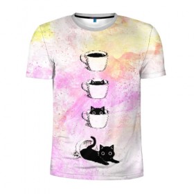 Мужская футболка 3D спортивная с принтом catfee в Тюмени, 100% полиэстер с улучшенными характеристиками | приталенный силуэт, круглая горловина, широкие плечи, сужается к линии бедра | Тематика изображения на принте: cat | coffee | кот | котёнок | кофе | кошка | краски | чашка | черный кот