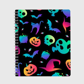 Тетрадь с принтом Rainbow Halloween в Тюмени, 100% бумага | 48 листов, плотность листов — 60 г/м2, плотность картонной обложки — 250 г/м2. Листы скреплены сбоку удобной пружинной спиралью. Уголки страниц и обложки скругленные. Цвет линий — светло-серый
 | diy | ghost | halloween | horror | makeup | scary | trick or treat | вампир | ведьма | кошка | луна | магия | новинки | ночь | тыква | хэллоуин