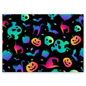 Поздравительная открытка с принтом Rainbow Halloween в Тюмени, 100% бумага | плотность бумаги 280 г/м2, матовая, на обратной стороне линовка и место для марки
 | diy | ghost | halloween | horror | makeup | scary | trick or treat | вампир | ведьма | кошка | луна | магия | новинки | ночь | тыква | хэллоуин