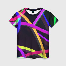 Женская футболка 3D с принтом Светящиеся полосы в Тюмени, 100% полиэфир ( синтетическое хлопкоподобное полотно) | прямой крой, круглый вырез горловины, длина до линии бедер | abstract | neon | абстрактно | абстрактный | абстракция | линии | неон | неонка | неоновая | неоновые | неоновый | полоски | полосы | разноцветные | светящиеся | цветные