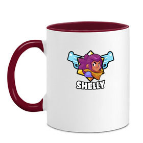 Кружка двухцветная с принтом BRAWL STARS SHELLY в Тюмени, керамика | объем — 330 мл, диаметр — 80 мм. Цветная ручка и кайма сверху, в некоторых цветах — вся внутренняя часть | Тематика изображения на принте: android | brawl stars | colt | crow | games | leon | penny | poco. | shelly | spike | wanted | брав | бравл старс | звезды | игры | мобильные игры | старс