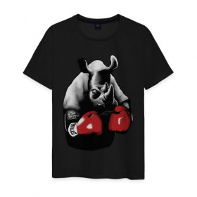 Мужская футболка хлопок с принтом носорог в боксерских перчатках в Тюмени, 100% хлопок | прямой крой, круглый вырез горловины, длина до линии бедер, слегка спущенное плечо. | бокс | носорог | носорог в боксерских перчатках | перчатки | силовой спорт