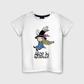 Детская футболка хлопок с принтом Алиса в стране чудес в Тюмени, 100% хлопок | круглый вырез горловины, полуприлегающий силуэт, длина до линии бедер | alice | dress | girl | hair | hat | rabbit | ribbon | tale | wings | алиса | бант | волосы | девочка | кролик | крылья | лицо | платье | сказка | шляпа