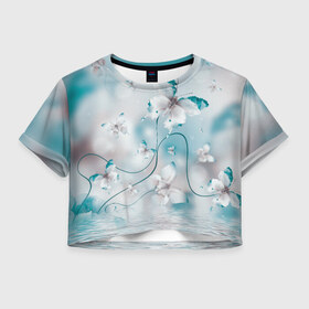 Женская футболка Cropp-top с принтом бабочки в Тюмени, 100% полиэстер | круглая горловина, длина футболки до линии талии, рукава с отворотами | Тематика изображения на принте: бабочки | крылышки | мотыльки | порхают