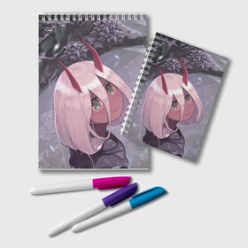 Блокнот с принтом Darling In The Franxx в Тюмени, 100% бумага | 48 листов, плотность листов — 60 г/м2, плотность картонной обложки — 250 г/м2. Листы скреплены удобной пружинной спиралью. Цвет линий — светло-серый
 | Тематика изображения на принте: 02 | anime | darling in the franxx | hiro | manga | zero two | аниме | ахегао | любимый во франксе | манга | милый во франксе | ноль два | хиро