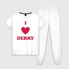 Женская пижама хлопок с принтом I Love Derry в Тюмени, 100% хлопок | брюки и футболка прямого кроя, без карманов, на брюках мягкая резинка на поясе и по низу штанин | clown | derry | it | lover | pennywise | stephen king | дерри | клоун | оно | пеннивайз | стивен кинг