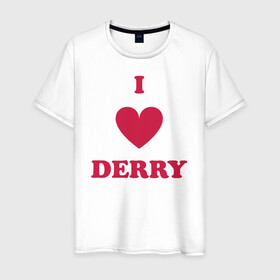 Мужская футболка хлопок с принтом I Love Derry в Тюмени, 100% хлопок | прямой крой, круглый вырез горловины, длина до линии бедер, слегка спущенное плечо. | clown | derry | it | lover | pennywise | stephen king | дерри | клоун | оно | пеннивайз | стивен кинг