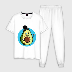 Мужская пижама хлопок с принтом Mr. Avocado в Тюмени, 100% хлопок | брюки и футболка прямого кроя, без карманов, на брюках мягкая резинка на поясе и по низу штанин
 | Тематика изображения на принте: авокадо | еда | сеньор | сноб | усы | фрукты