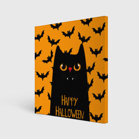Холст квадратный с принтом Happy halloween в Тюмени, 100% ПВХ |  | halloween | horror | вампир | кот | кот вампир | котик | кошка | летучие мыши | мыши | пятница 13 | страшилки | страшно | ужасы | хоррор | хэллоуин