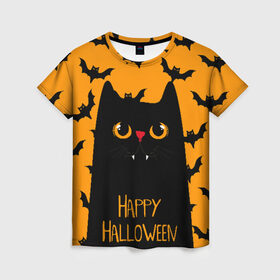 Женская футболка 3D с принтом Happy halloween в Тюмени, 100% полиэфир ( синтетическое хлопкоподобное полотно) | прямой крой, круглый вырез горловины, длина до линии бедер | halloween | horror | вампир | кот | кот вампир | котик | кошка | летучие мыши | мыши | пятница 13 | страшилки | страшно | ужасы | хоррор | хэллоуин