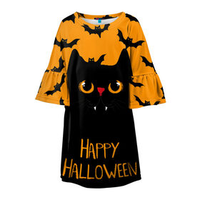 Детское платье 3D с принтом Happy halloween в Тюмени, 100% полиэстер | прямой силуэт, чуть расширенный к низу. Круглая горловина, на рукавах — воланы | halloween | horror | вампир | кот | кот вампир | котик | кошка | летучие мыши | мыши | пятница 13 | страшилки | страшно | ужасы | хоррор | хэллоуин
