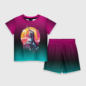 Детский костюм с шортами 3D с принтом РЕТРО ЕДИНОРОГ НЕОН в Тюмени,  |  | hotline miami | neon | outrun | outrun electro | retro | retrowave | synth | synthwave | неон | ретро | хотлайн майами