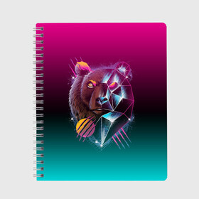 Тетрадь с принтом RETRO CYBER BEAR NEON в Тюмени, 100% бумага | 48 листов, плотность листов — 60 г/м2, плотность картонной обложки — 250 г/м2. Листы скреплены сбоку удобной пружинной спиралью. Уголки страниц и обложки скругленные. Цвет линий — светло-серый
 | hotline miami | neon | outrun | outrun electro | retro | retrowave | synth | synthwave | неон | ретро | хотлайн майами