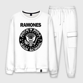 Мужской костюм хлопок с принтом Ramones в Тюмени, 100% хлопок | на свитшоте круглая горловина, мягкая резинка по низу. Брюки заужены к низу, на них два вида карманов: два “обычных” по бокам и два объемных, с клапанами, расположенные ниже линии бедра. Брюки с мягкой трикотажной резинкой на поясе и по низу штанин. В поясе для дополнительного комфорта — широкие завязки | Тематика изображения на принте: ramone | ramones | группа | джонни | джоуи | ди ди томми | марки | панк | поп | раманес | раманэс | рамон | рамонес | рамонэс | рамоун | рамоунз | рамоунс | рок | хард | хардрок