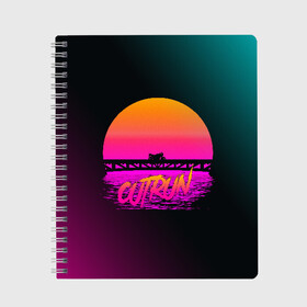 Тетрадь с принтом OUTRUN RETROWAVE в Тюмени, 100% бумага | 48 листов, плотность листов — 60 г/м2, плотность картонной обложки — 250 г/м2. Листы скреплены сбоку удобной пружинной спиралью. Уголки страниц и обложки скругленные. Цвет линий — светло-серый
 | Тематика изображения на принте: hotline miami | neon | new retro wave | outrun | outrun electro | retro | retrowave | synth | synthwave | неон | ретро | хотлайн майами