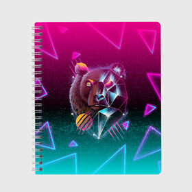 Тетрадь с принтом RETRO CYBER BEAR NEON в Тюмени, 100% бумага | 48 листов, плотность листов — 60 г/м2, плотность картонной обложки — 250 г/м2. Листы скреплены сбоку удобной пружинной спиралью. Уголки страниц и обложки скругленные. Цвет линий — светло-серый
 | Тематика изображения на принте: hotline miami | neon | new retro wave | outrun | outrun electro | retro | retrowave | synth | synthwave | медведь | неон | ретро | хотлайн майами