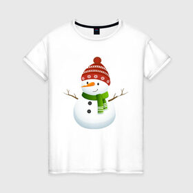 Женская футболка хлопок с принтом Снеговик в Тюмени, 100% хлопок | прямой крой, круглый вырез горловины, длина до линии бедер, слегка спущенное плечо | в подарок | дед мороз | зима | новогодние | новый год | подарок | рождество | с новым годом | снег | снеговик