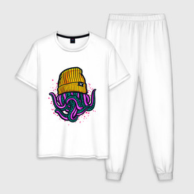 Мужская пижама хлопок с принтом Octopus в Тюмени, 100% хлопок | брюки и футболка прямого кроя, без карманов, на брюках мягкая резинка на поясе и по низу штанин
 | Тематика изображения на принте: emo | lil peep | octopus | purple | rap | rock | в шапке | желтый | монстр | осьминог | тату | татуировка | фиолетовый | щупальца | щупальцы | яркий цвет